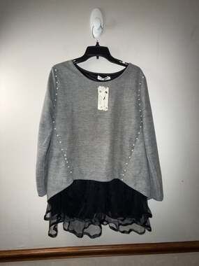 Parisstyle Long Sleeve Gray Knit Sweater with Pearl Embellishments